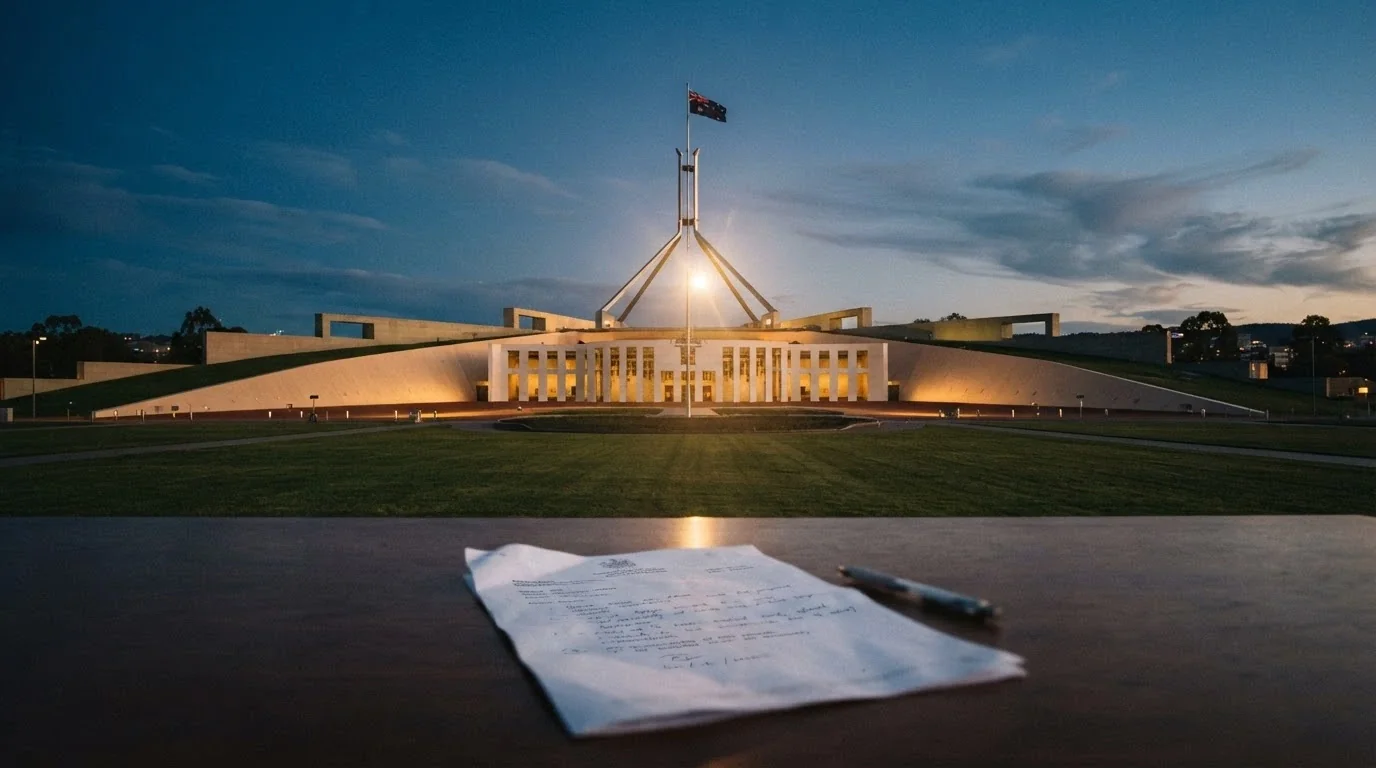 The Australian Parliament House with a document overlay referencing the Interactive Gambling Act 2001