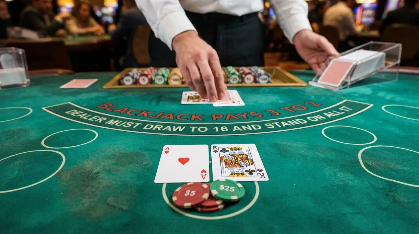 A close-up of a live blackjack table with cards being dealt, the dealer's hands visible and the felt layout showing the betting positions
