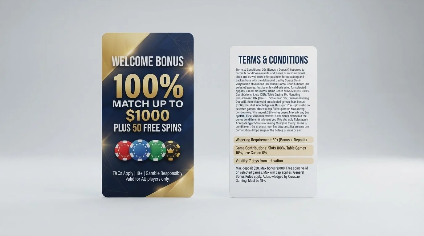 A welcome-bonus promotional banner displayed next to its terms-and-conditions panel, with the wagering requirement and game contribution table highlighted