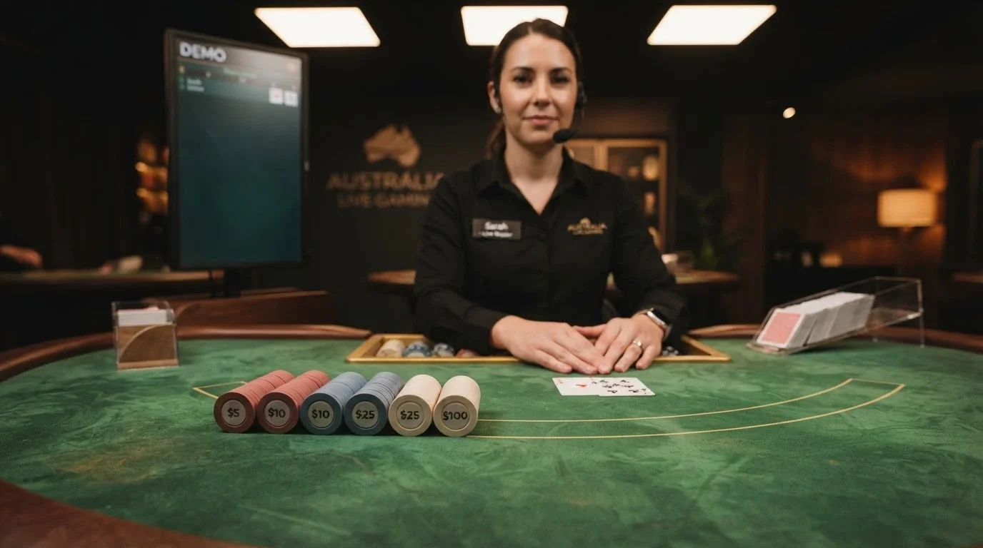 A live dealer table with play-money chips stacked in the foreground and a demo-mode banner visible in the corner of the screen